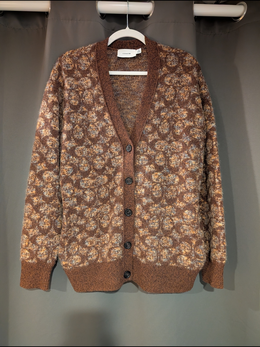 Coach Oversized Brown Multi-Pattern Mohair Button Down Cardigan